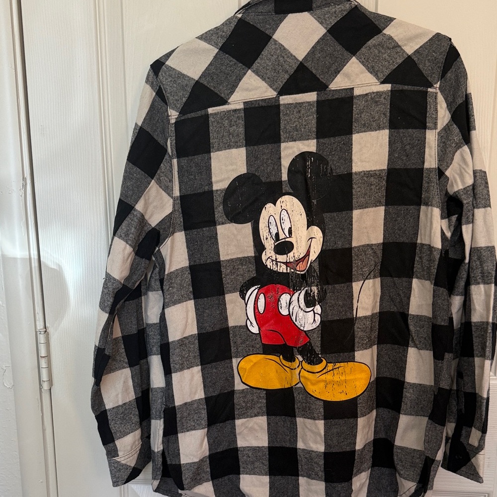 Black and White Plaid Button Down Shirt Mickey Mouse design